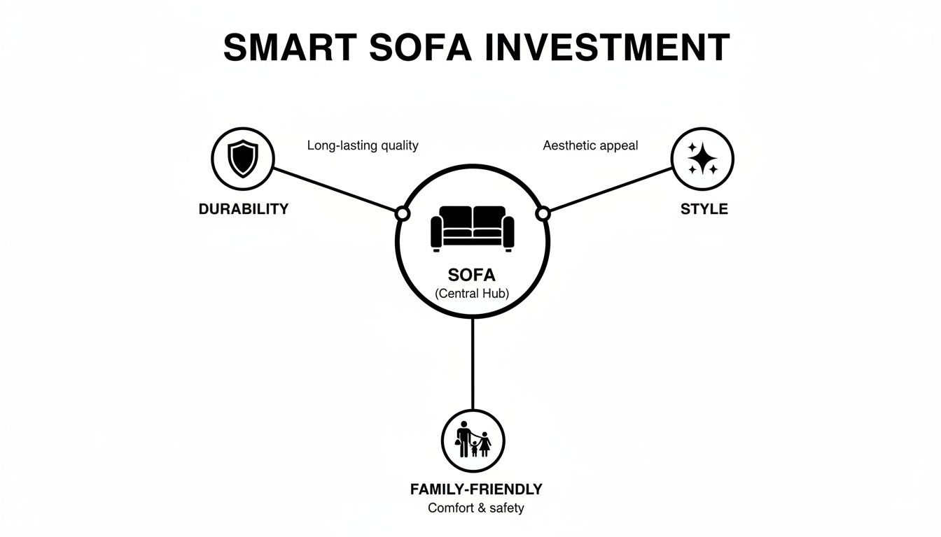 Diagram illustrating smart sofa investment factors, highlighting durability, style, and family-friendly aspects.