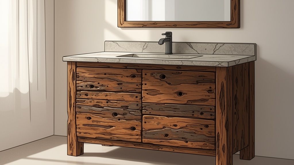 A rustic bathroom vanity made from reclaimed wood, featuring a sink, black faucet, and mirror.