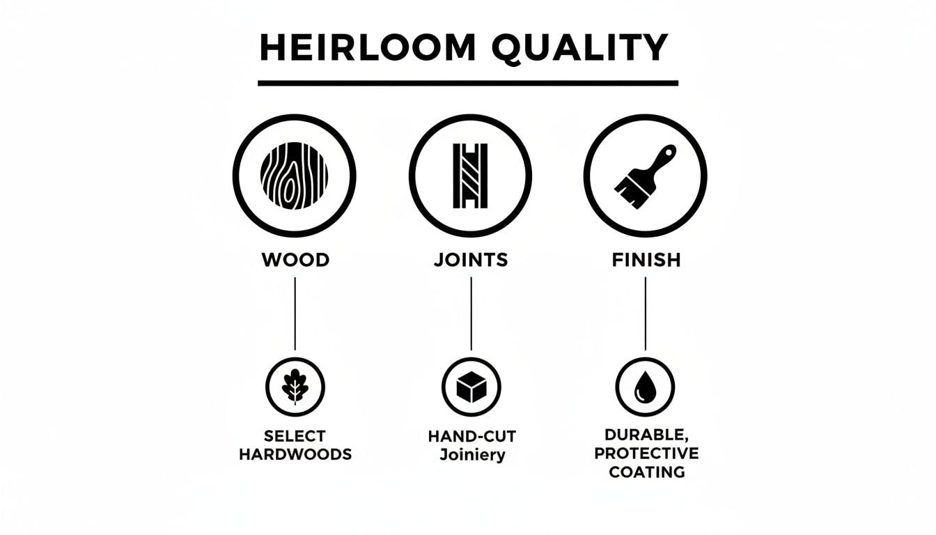 Infographic showing heirloom quality details: select hardwoods, hand-cut joinery, and durable protective coating.