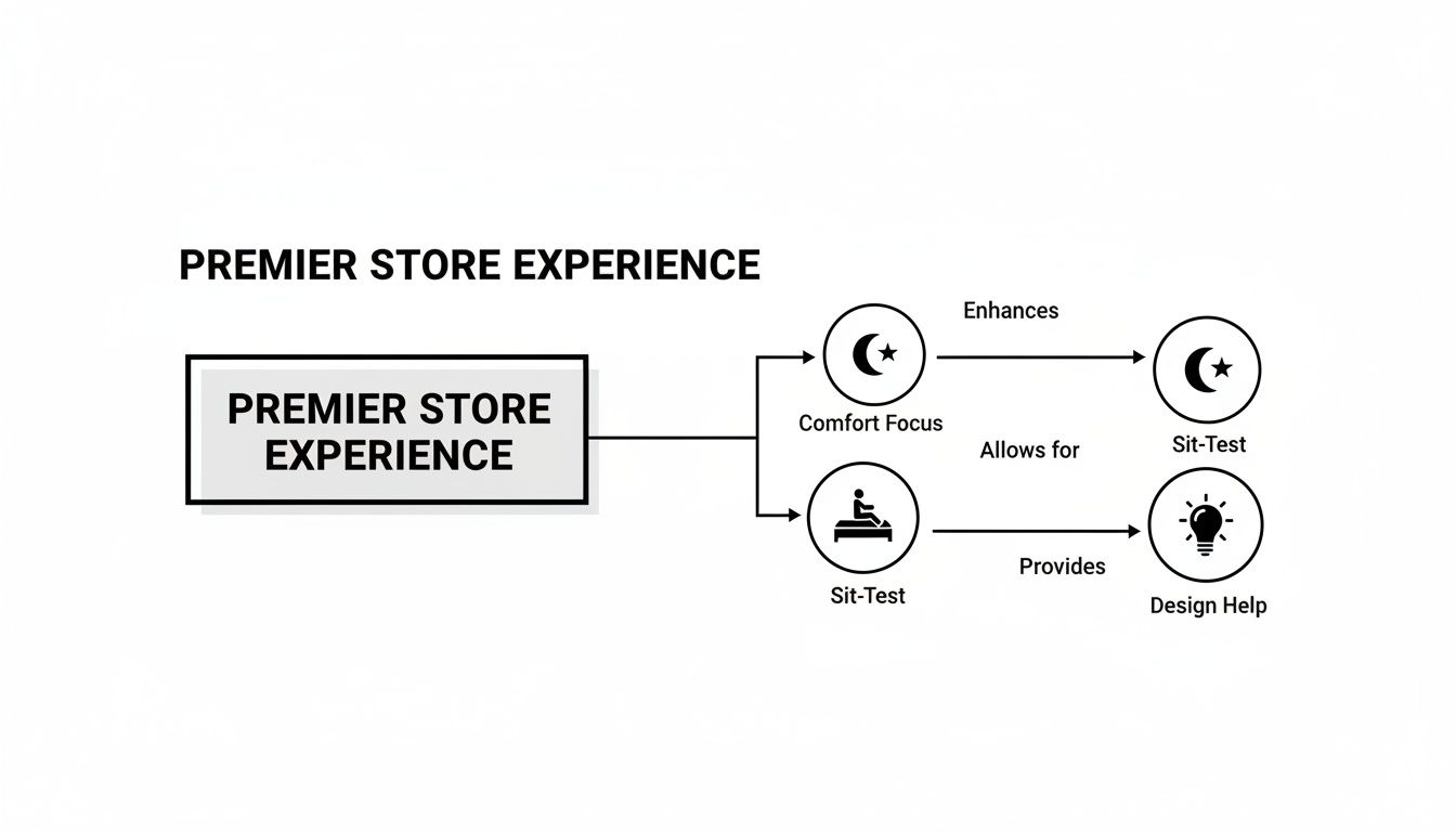 Flowchart outlining a premier store experience, emphasizing comfort focus, sit-testing, and design assistance.