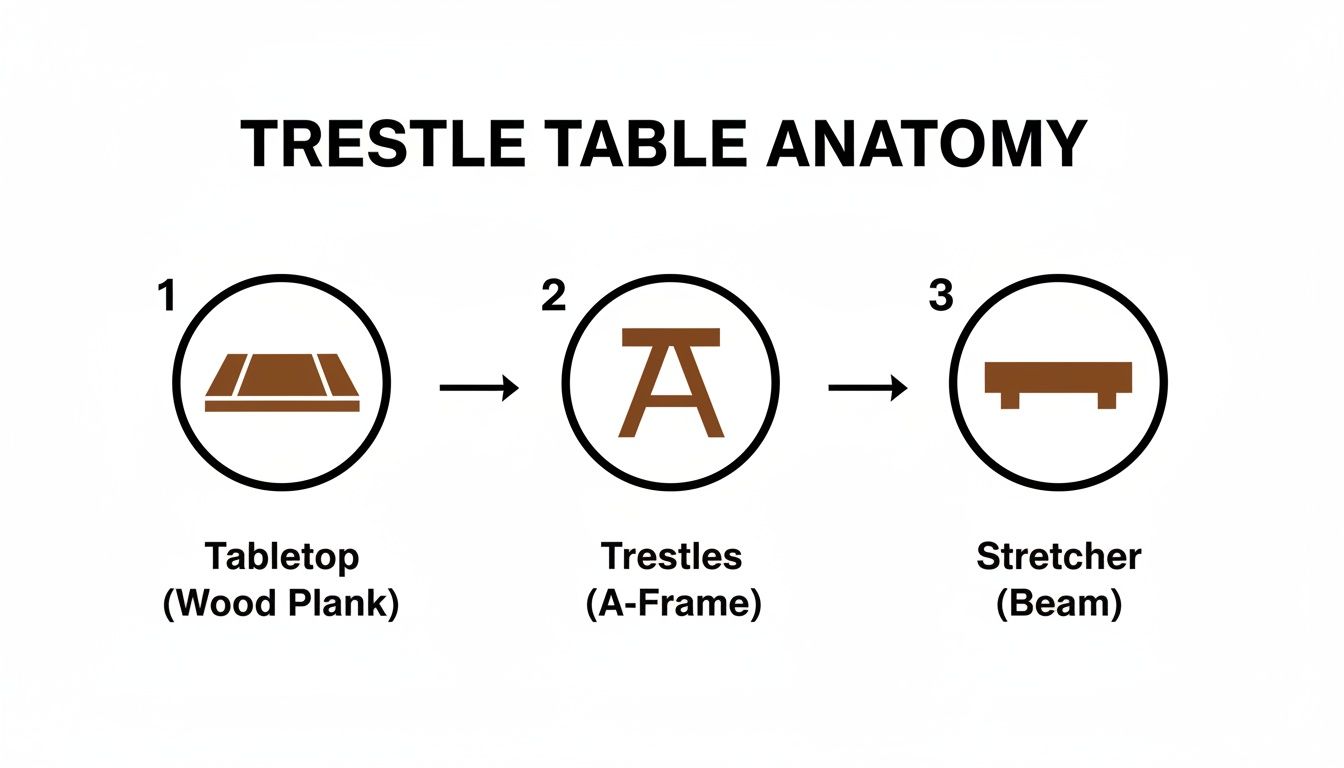 A diagram illustrates the trestle table anatomy with tabletop, A-frame trestles, and a stretcher beam.