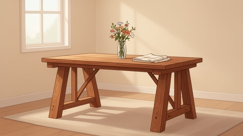 A rustic wooden trestle table with a vase of colorful flowers and a folded napkin in a sunlit room.