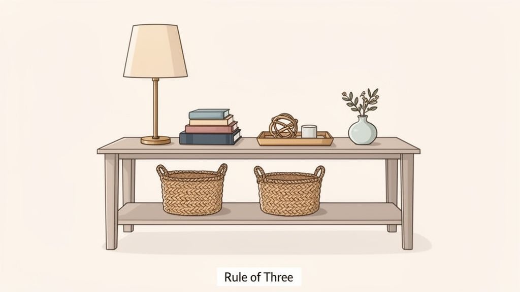 A styled console table showcasing the rule of three, with a lamp, books, decor tray, vase, and two baskets.