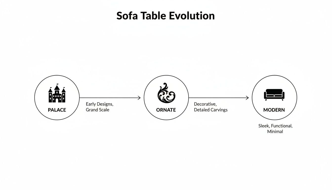 A diagram illustrating the evolution of sofa table designs from grand palace styles to modern minimalism.