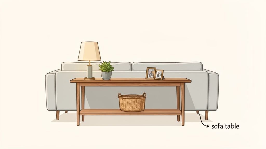 A light grey sofa with a wooden sofa table behind it, adorned with a lamp, plant, and basket.