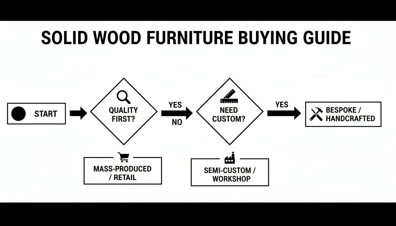 Flowchart guiding users on where to buy solid wood furniture based on quality and customization needs.