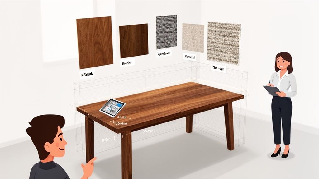 Man and woman use augmented reality to customize a solid wood table, selecting materials and viewing dimensions.