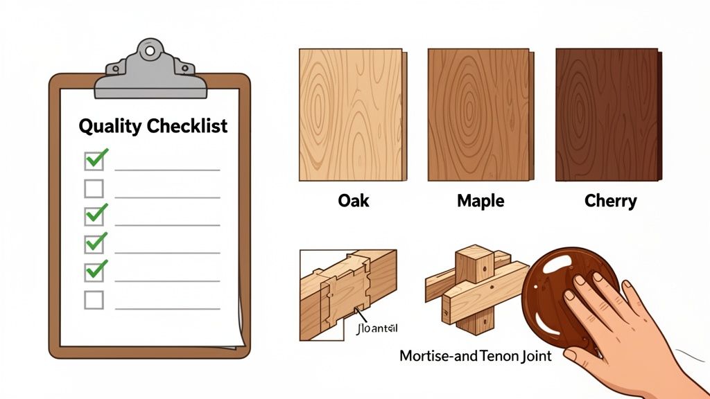 Quality checklist, various wood types (Oak, Maple, Cherry), wood joints, and hand sanding wood.