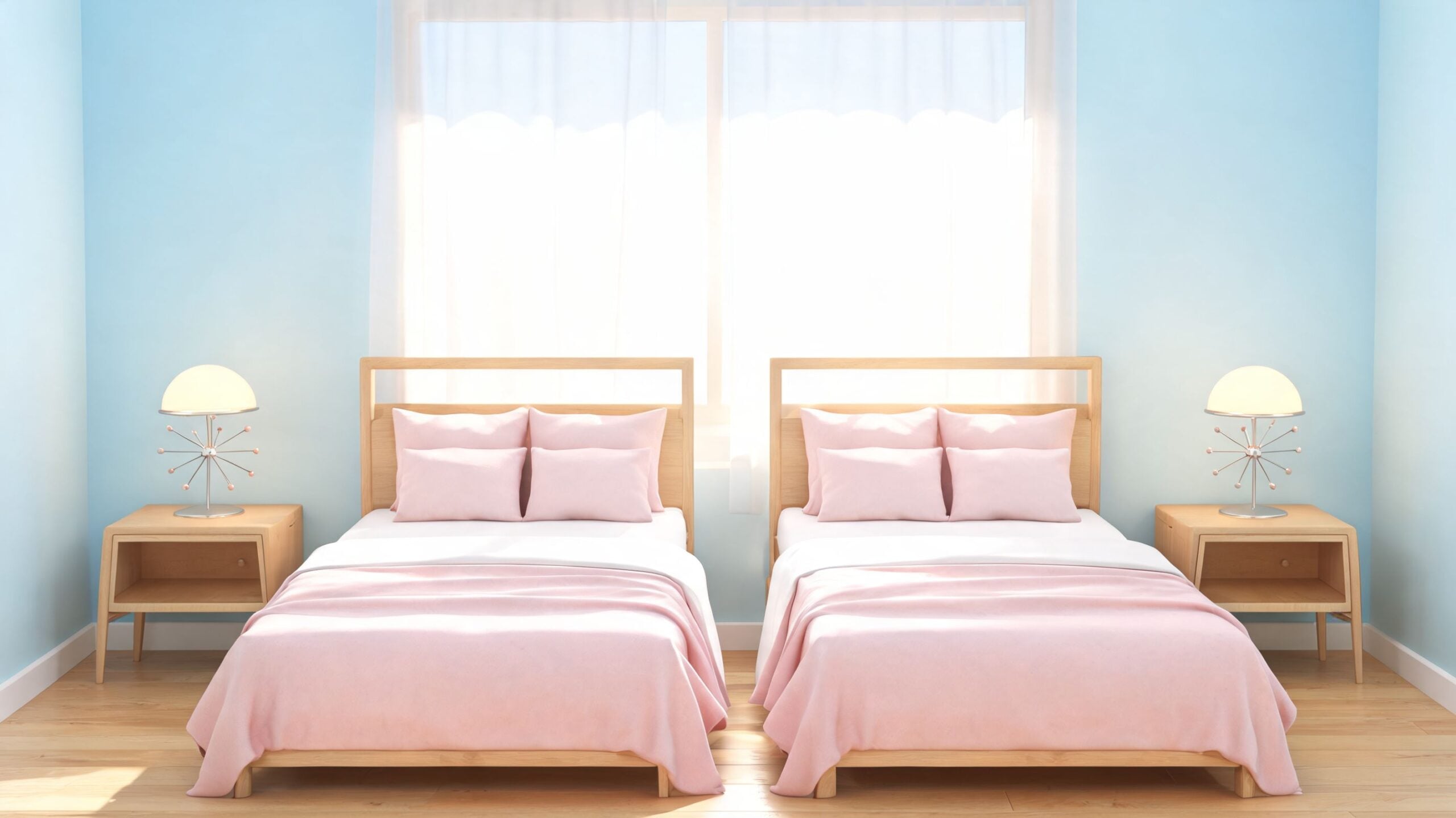 A brightly lit bedroom featuring two matching wooden beds with pink bedding and modern lamps.