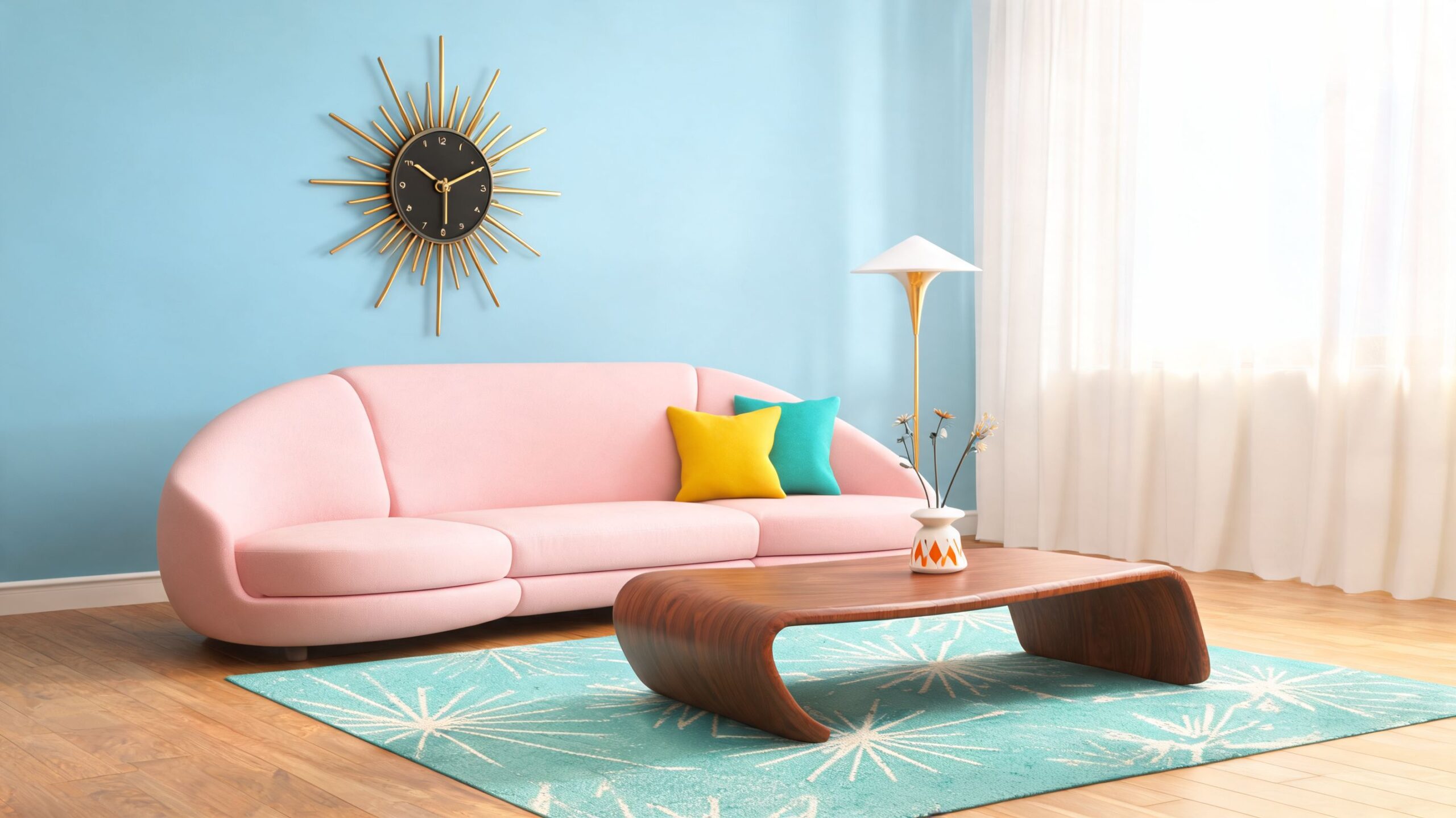 A mid-century modern living room with a pink sofa, sunburst clock, and vibrant teal area rug.