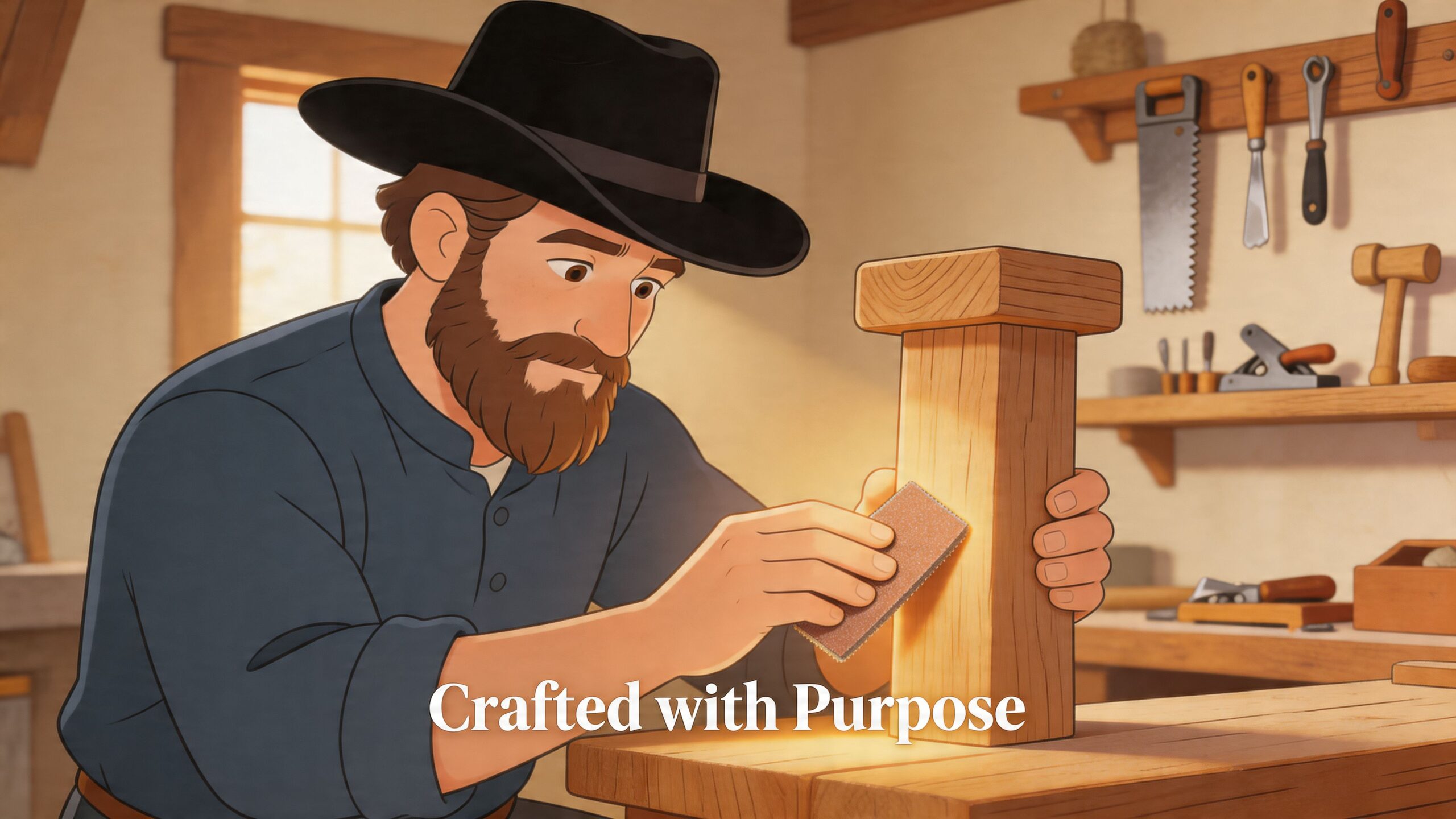 A skilled Amish carpenter working on a wooden piece, focusing on craftsmanship and dedication in his workshop.
