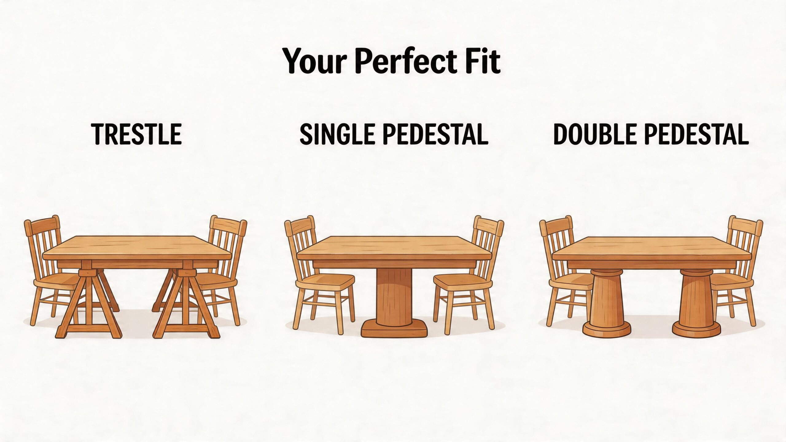 Three different styles of wooden dining tables labeled as trestle, single pedestal, and double pedestal designs.