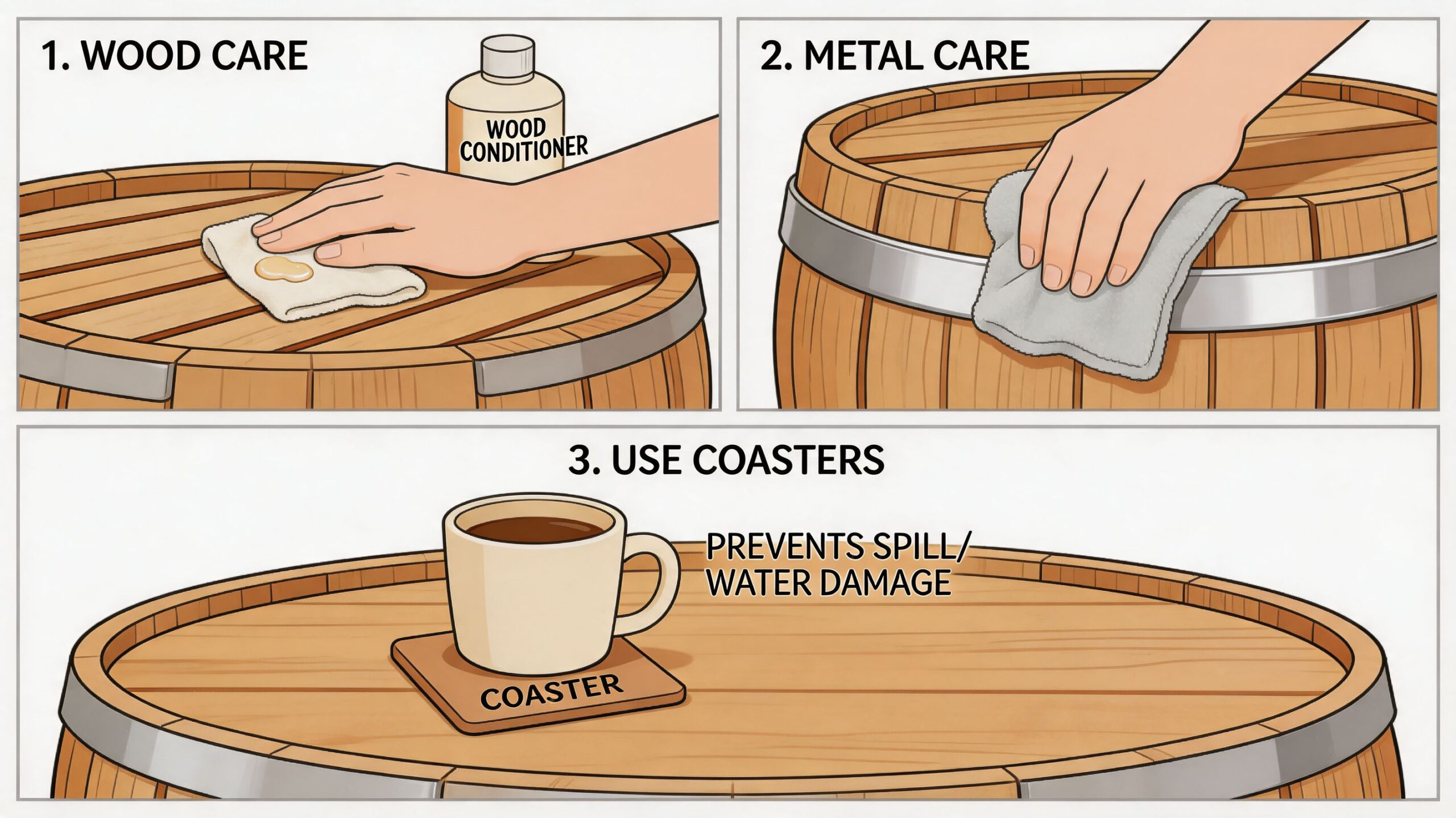 A three-step infographic showing how to care for wooden barrel coffee tables using conditioner, polishing, and coasters.