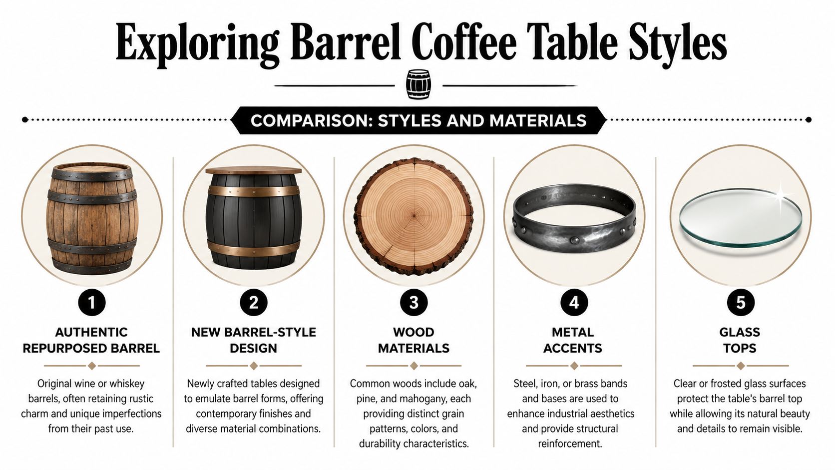 An infographic showing different barrel coffee table styles, materials, and components for home furniture design.