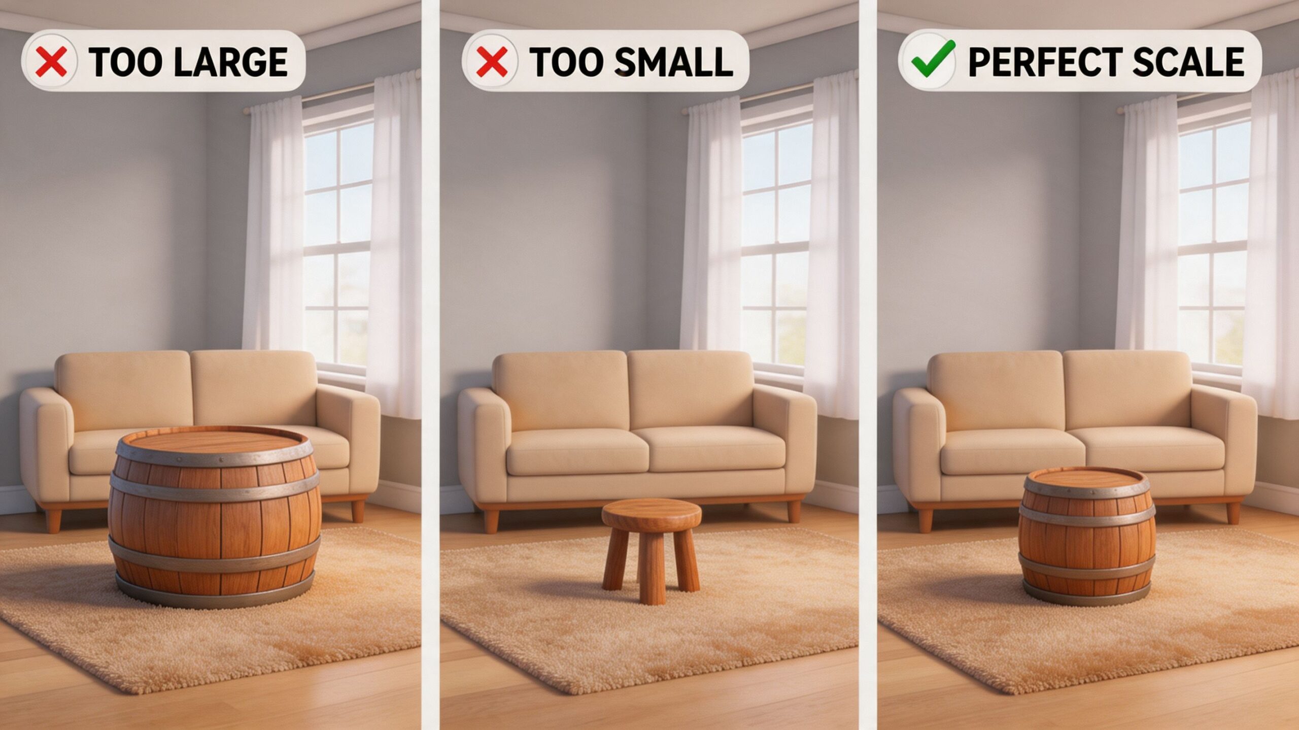 A visual guide showing three scale comparisons of barrel coffee tables placed in front of a sofa.
