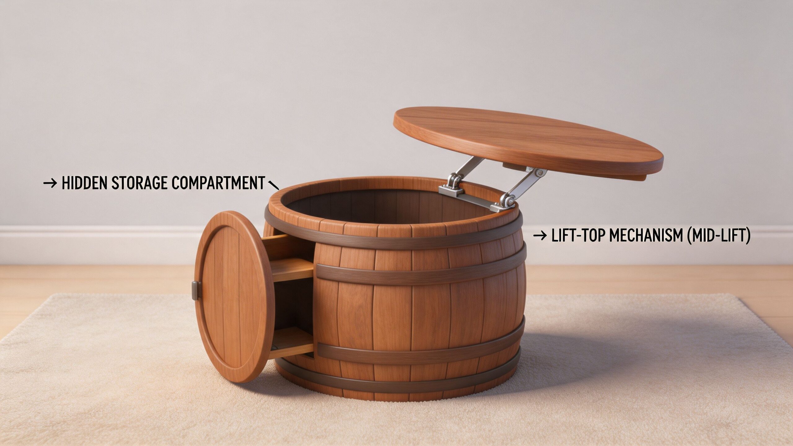 A wooden barrel coffee table with a side door and a lift-top storage compartment lid open.