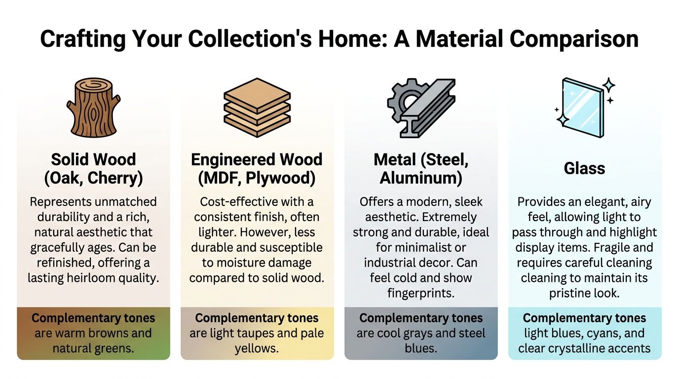 A comparison chart outlining the pros and cons of using solid wood, engineered wood, metal, and glass for furniture.