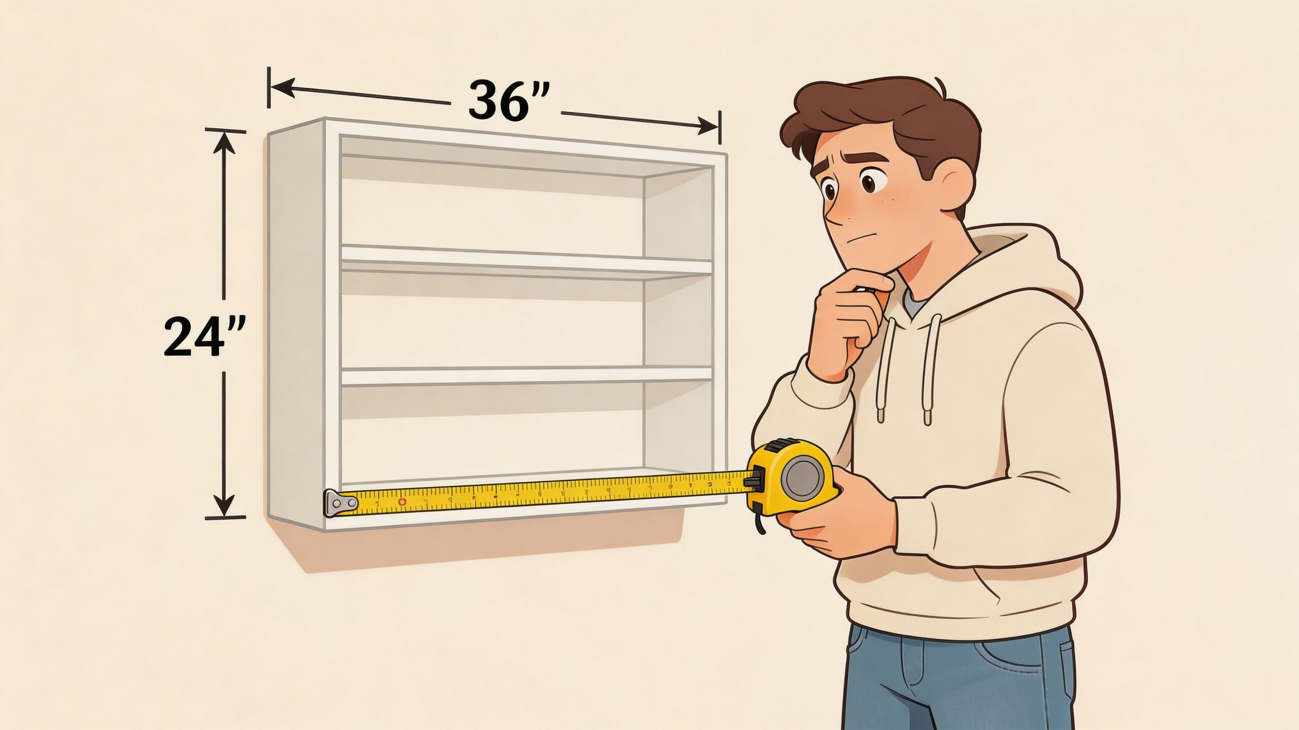 A young man holding a tape measure, contemplating the dimensions of a white curio shelf on the wall.