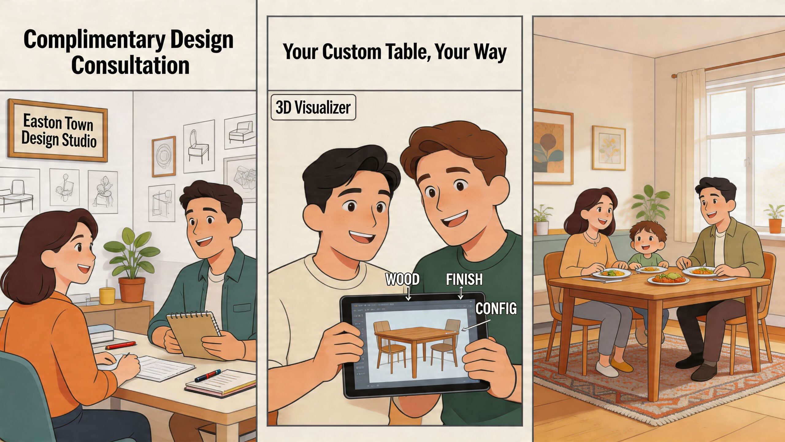 A three-part illustration showing a design consultation, using a 3D visualizer tool, and a happy family dining.