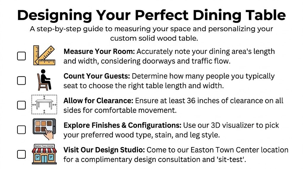 A step-by-step guide on how to measure and design a custom solid wood dining table.