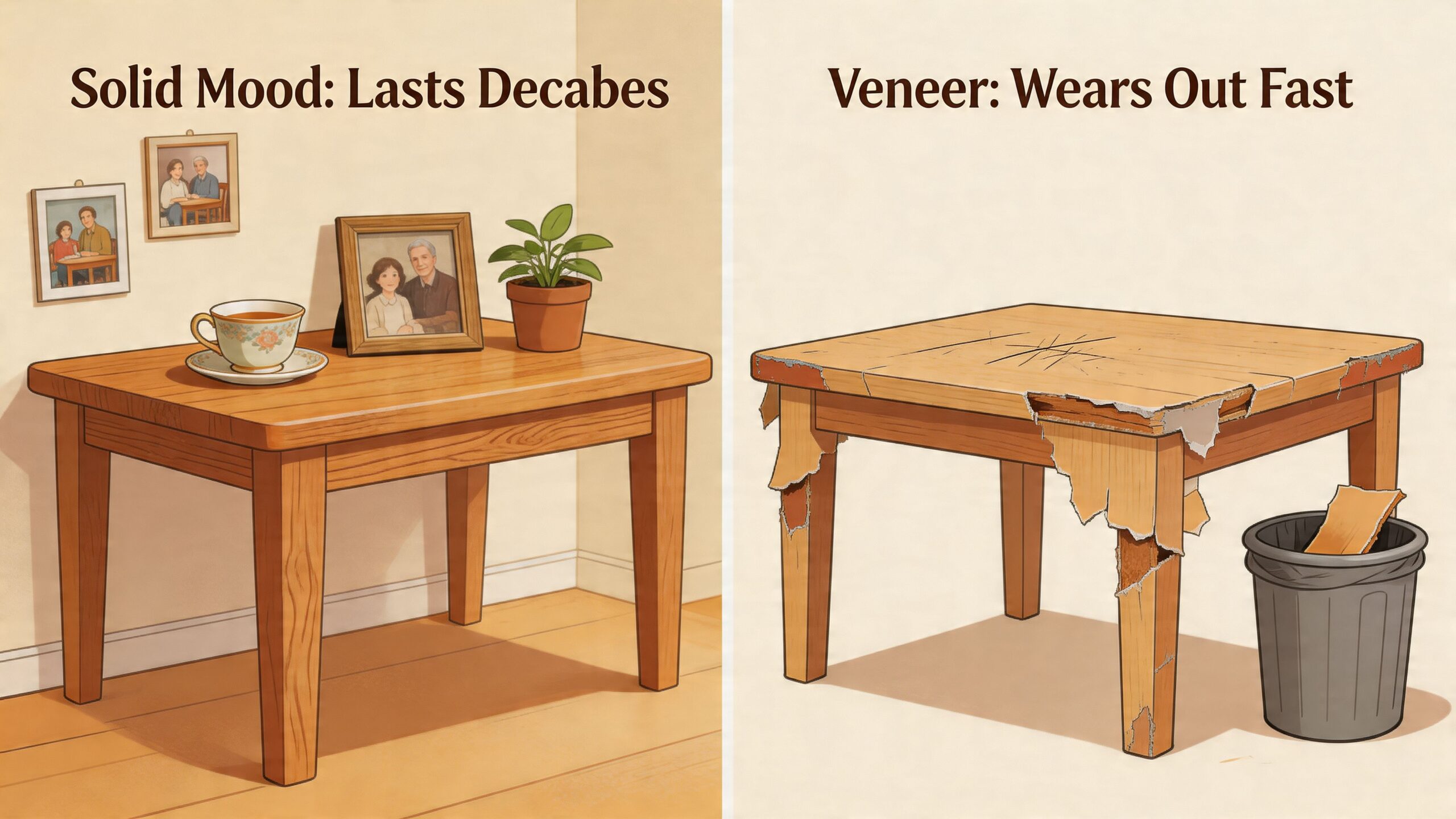 A split image comparing a durable solid wood table with a damaged, peeling veneer table.