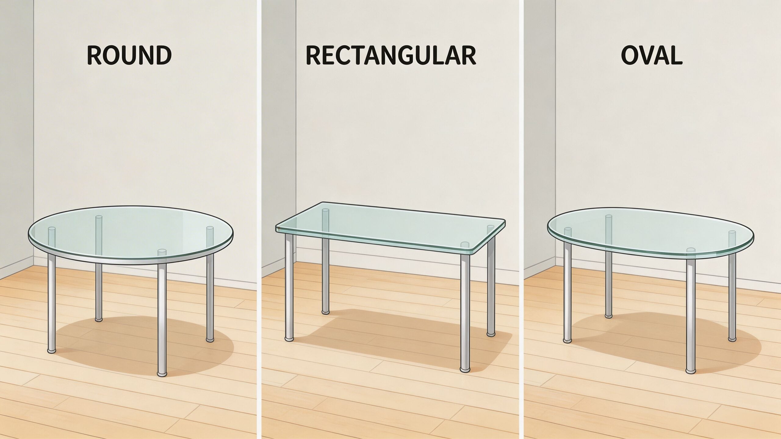 Three glass topped dining room tables arranged side by side showing round, rectangular, and oval top shapes.