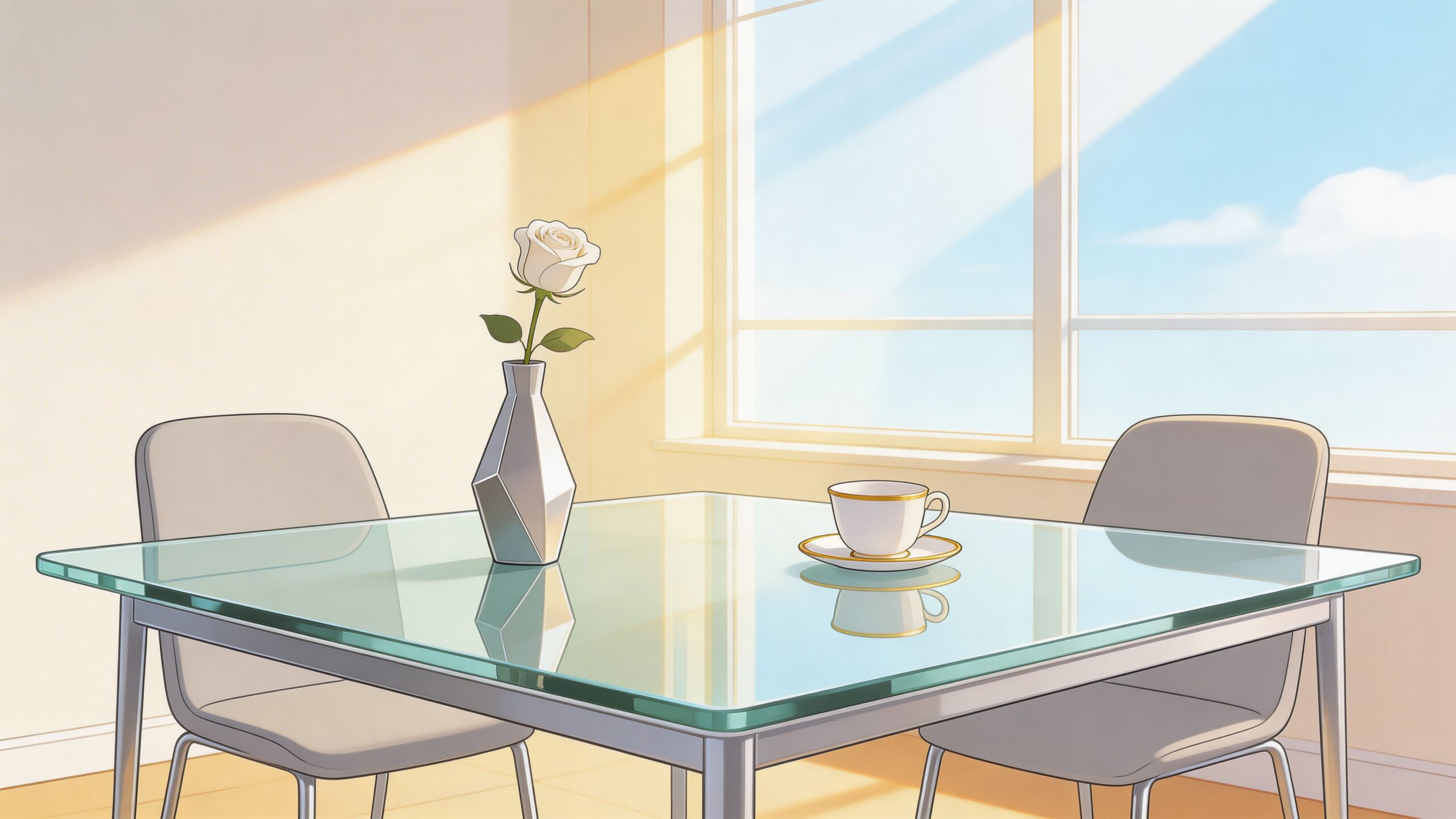 A minimalist glass topped dining table with a white rose in a vase and a coffee cup.