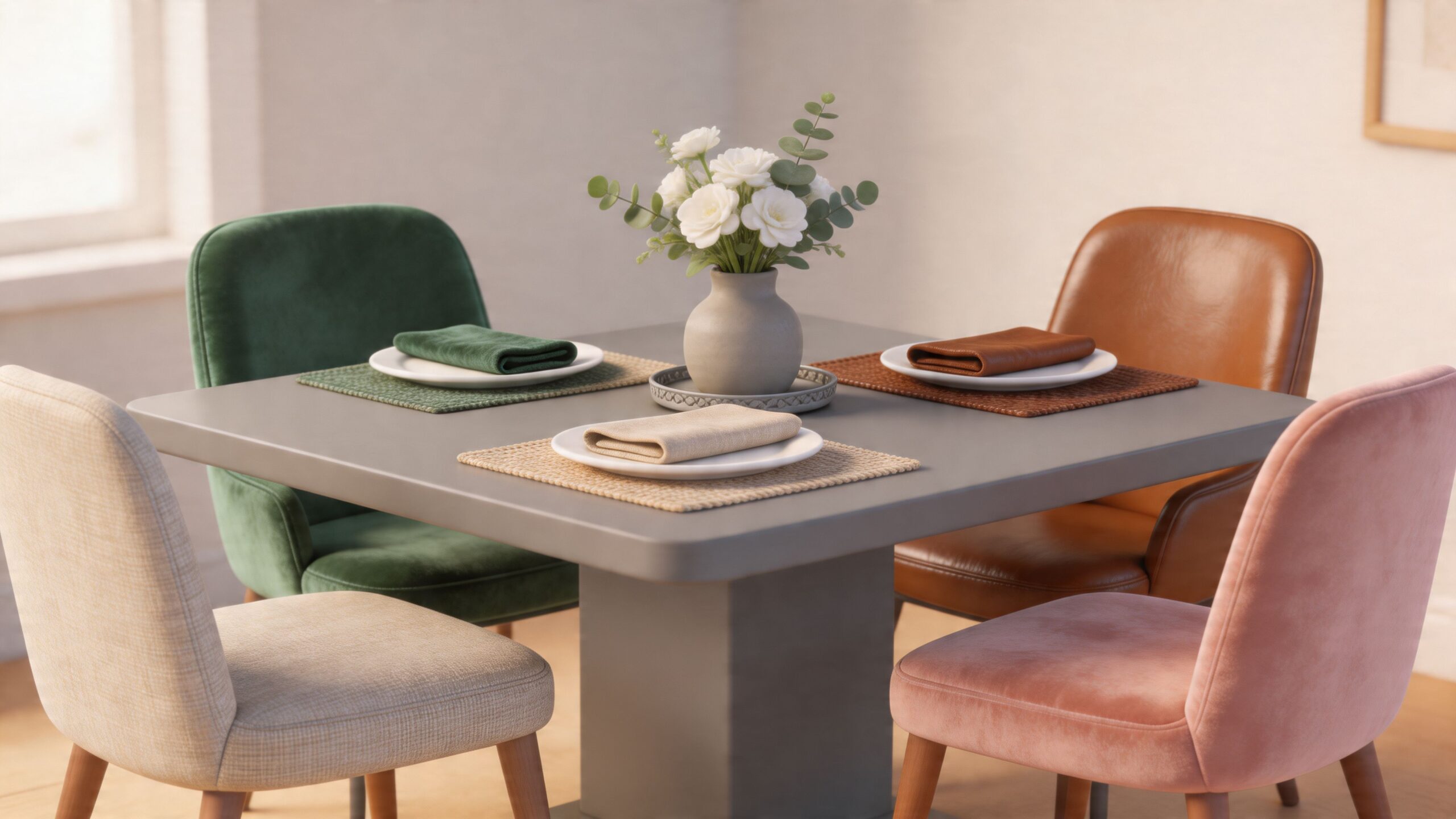 A modern gray dining table with four uniquely colored chairs and a floral centerpiece in a home