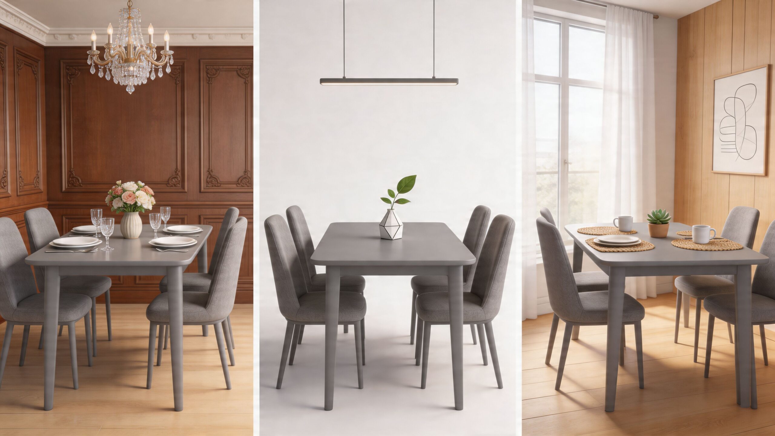 A composite image showing a gray dining table and chairs in three different modern interior room settings.