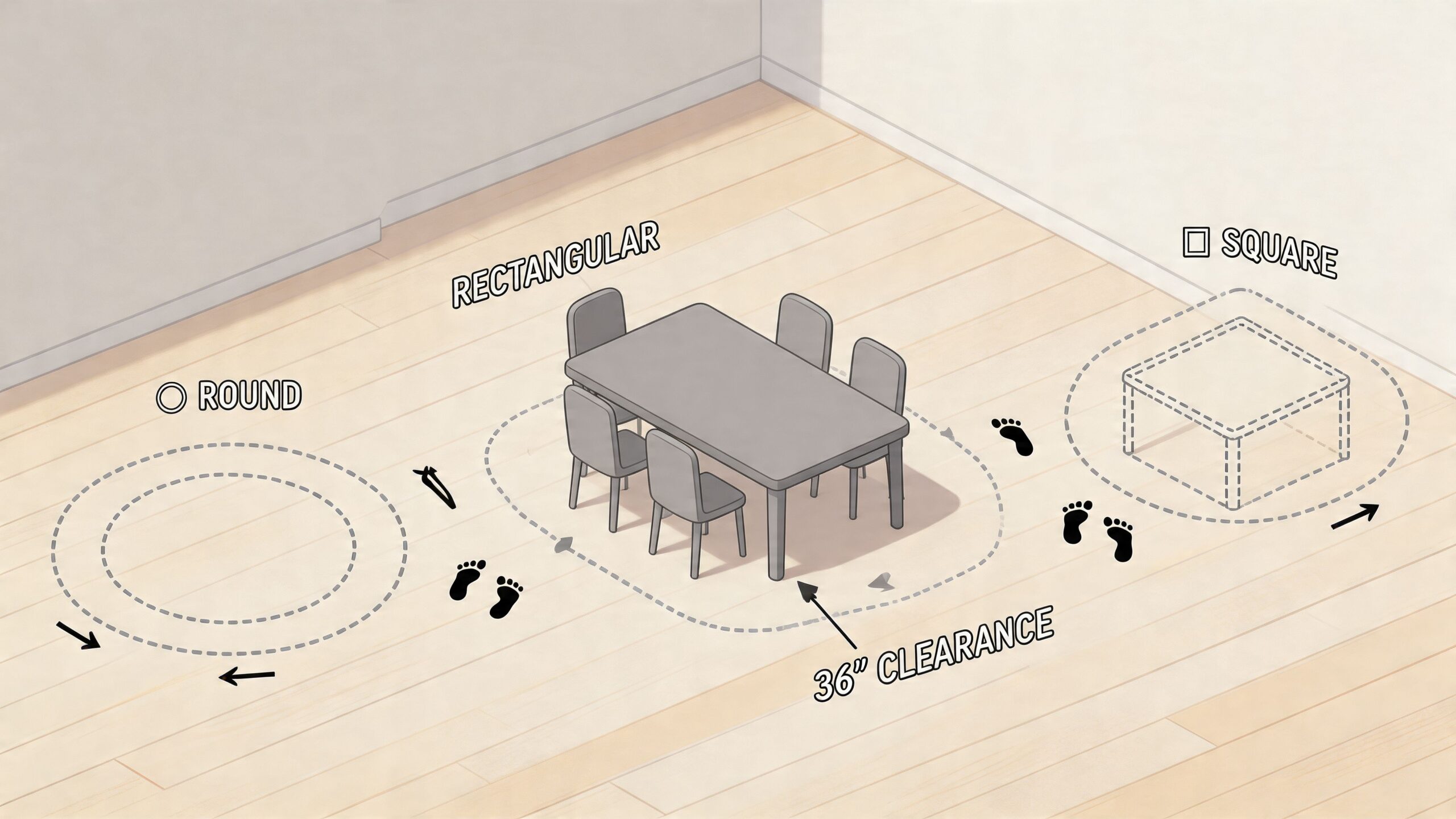 A diagram illustrating space planning for round, rectangular, and square dining tables with 36 inches of clearance.