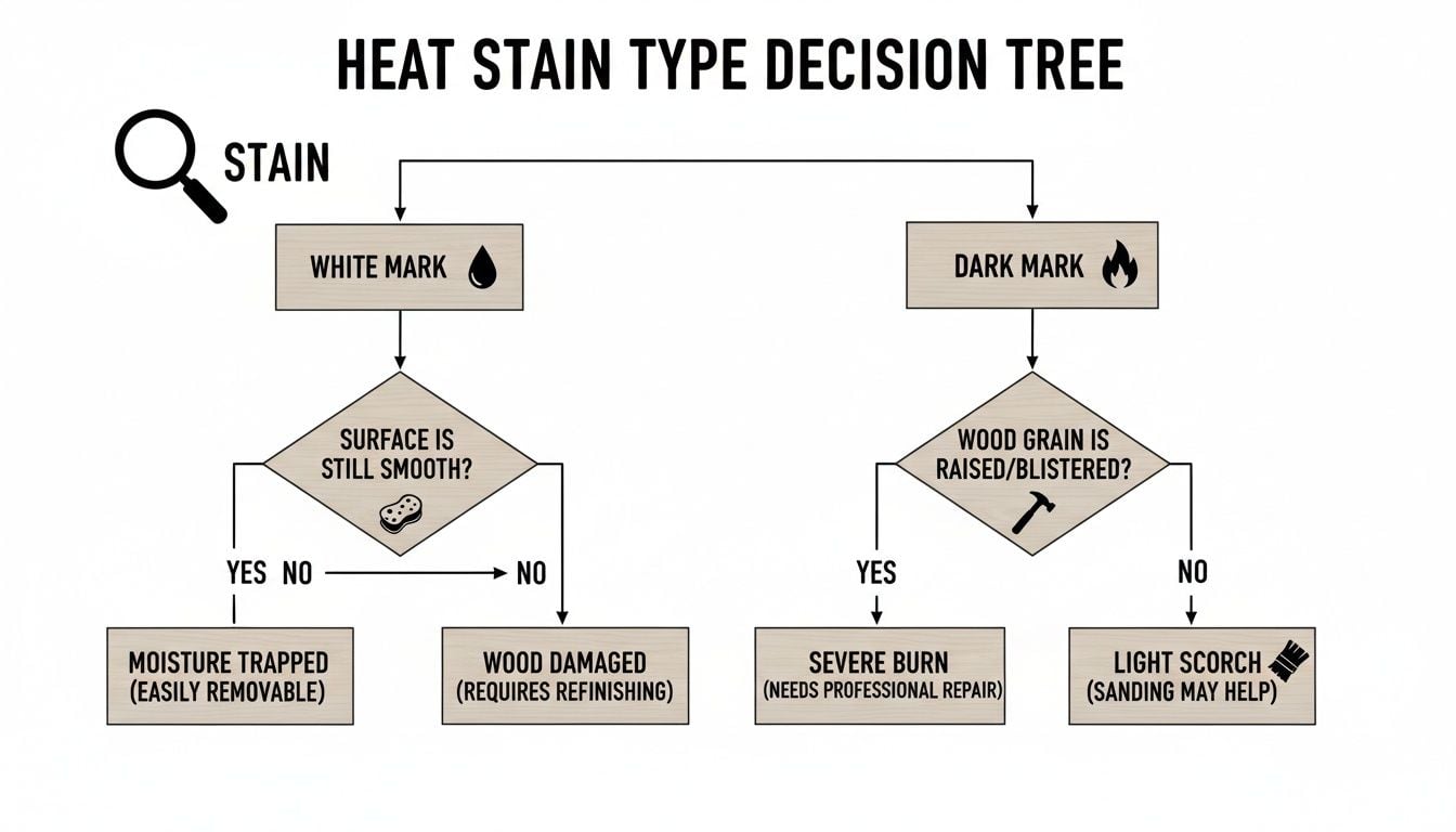 A decision tree flow chart for identifying and treating heat stains on wood, categorizing white and dark marks.