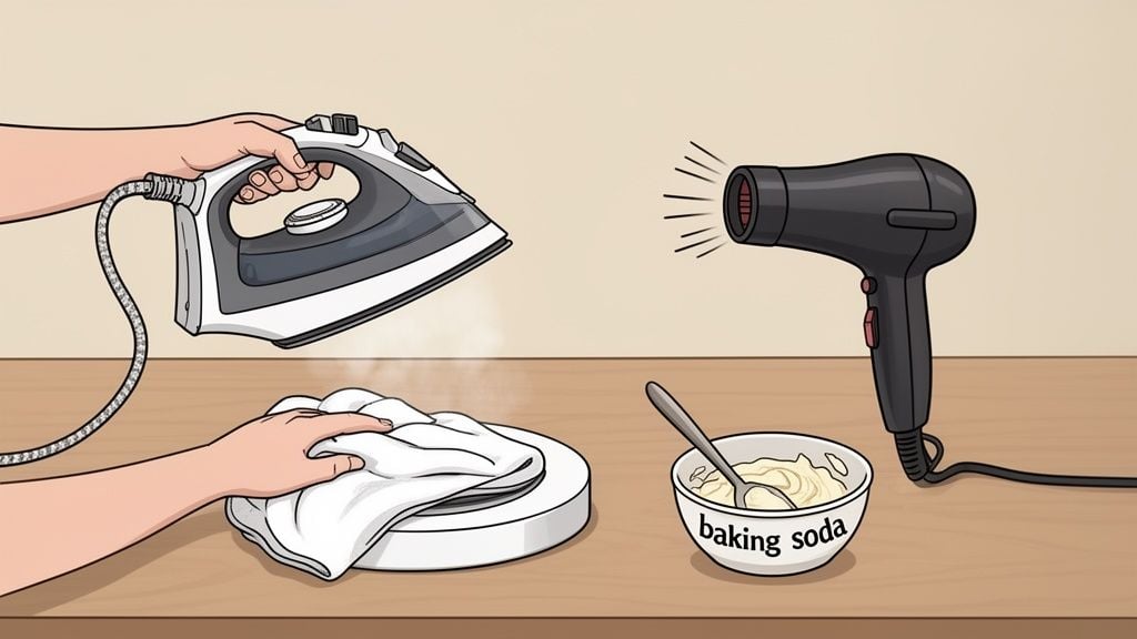 Image showing different methods for cleaning, including an iron, hairdryer, and baking soda.