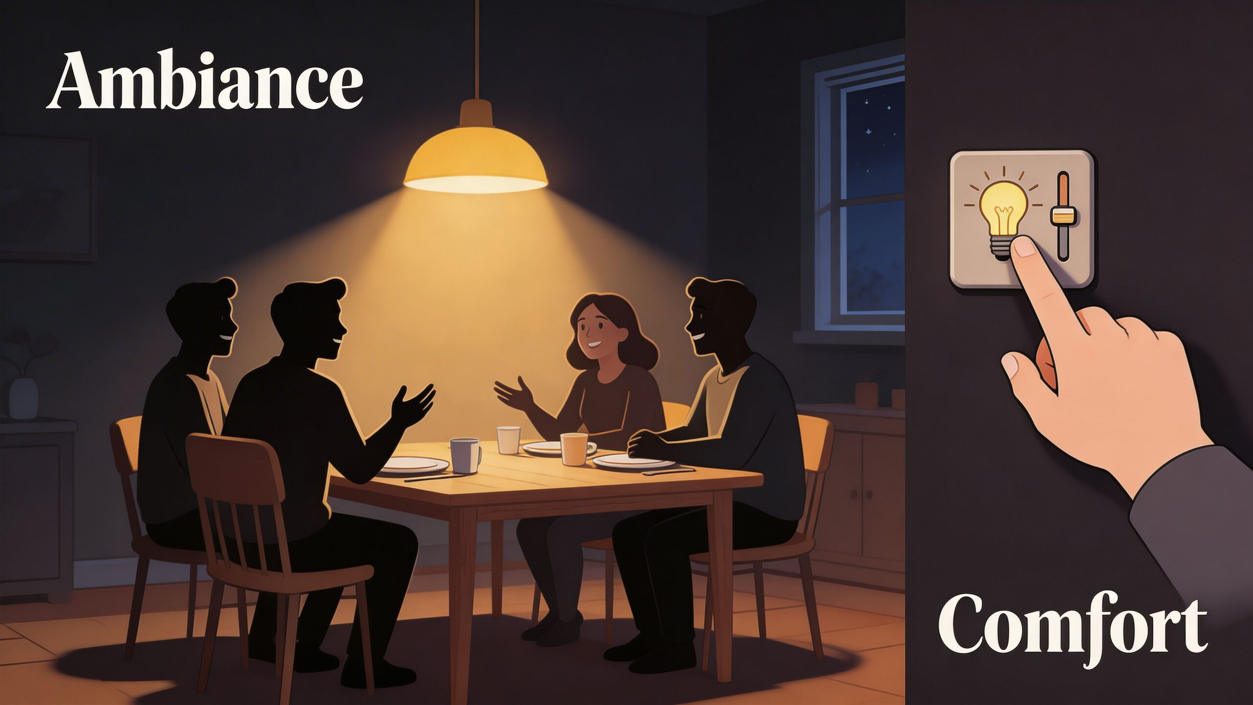 A hand adjusts a wall-mounted light dimmer switch while friends dine under warm hanging light.