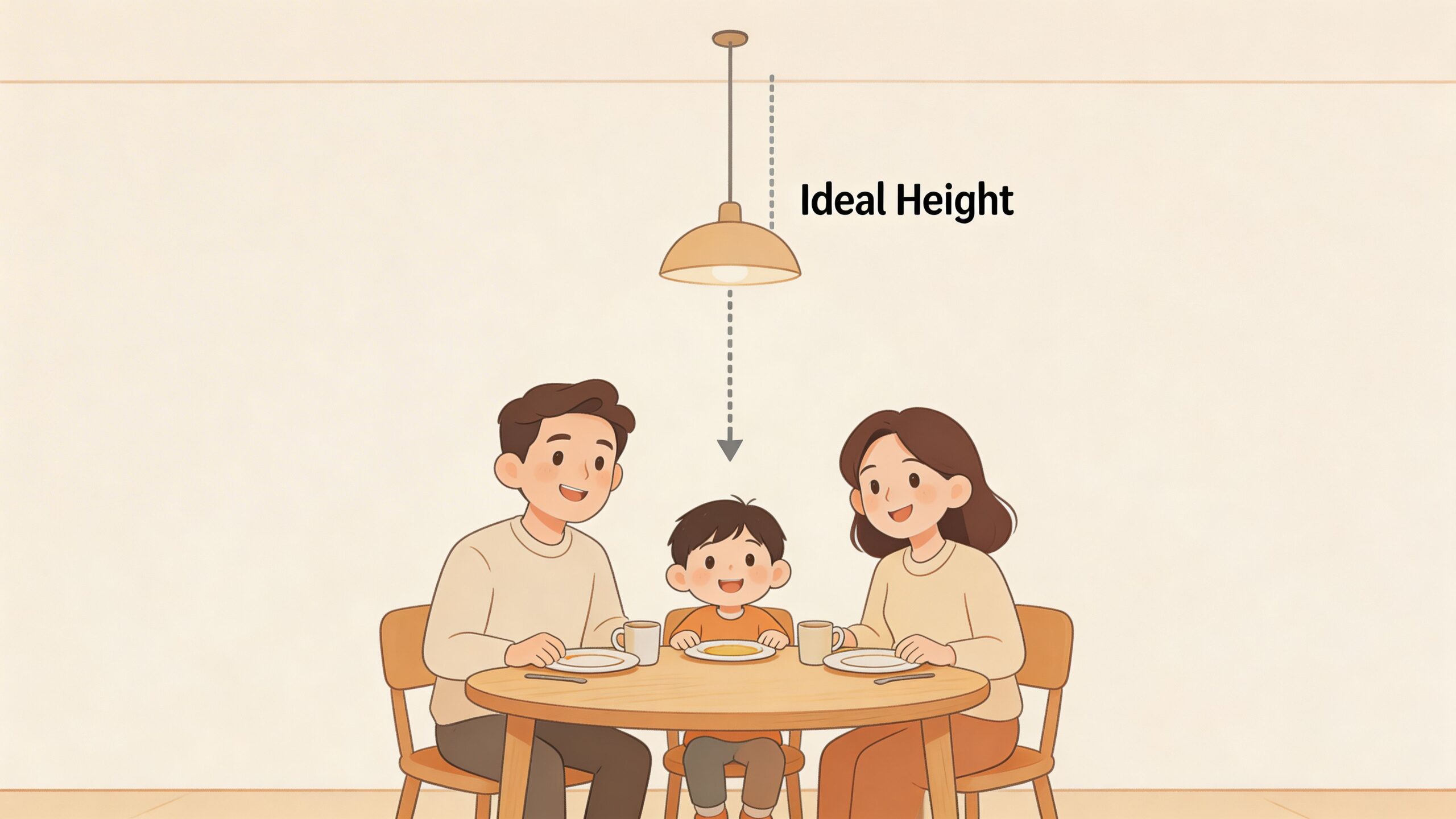 A family of three sitting at a dining table with a pendant light showing the ideal height.