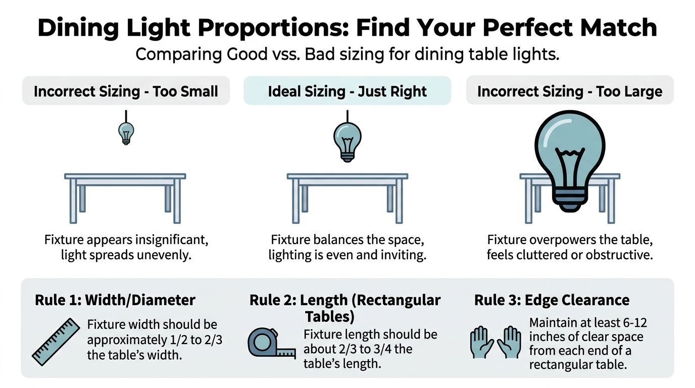 An infographic showing how to select the right dining light fixture size for a dining table.