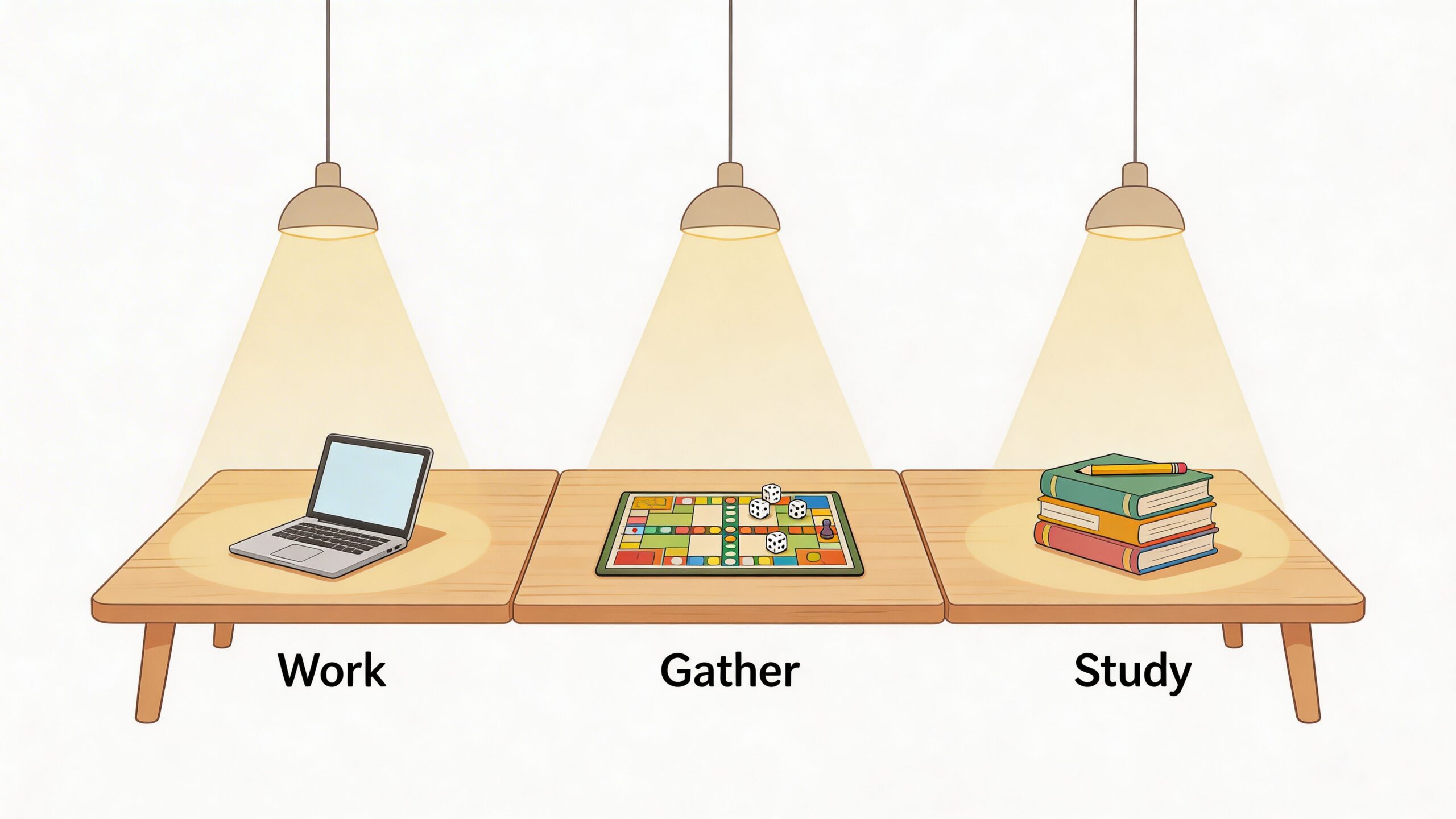 A conceptual illustration showing three pendant lights illuminating zones for work, gathering, and study on a table.