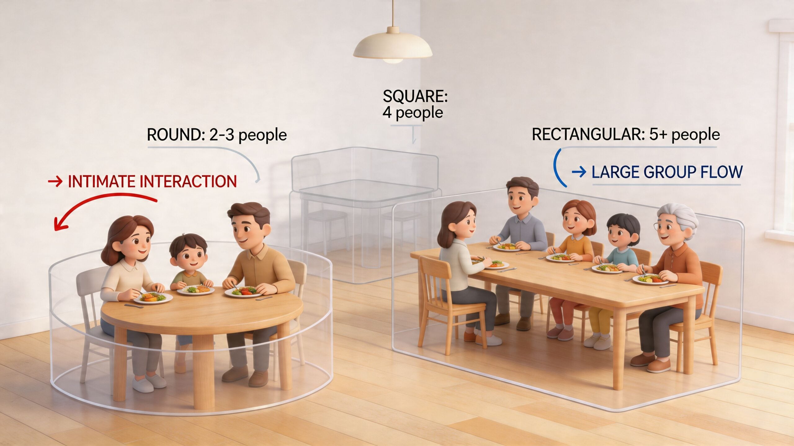 A 3D illustration comparing dining table shapes and sizes for different group numbers and social interactions.