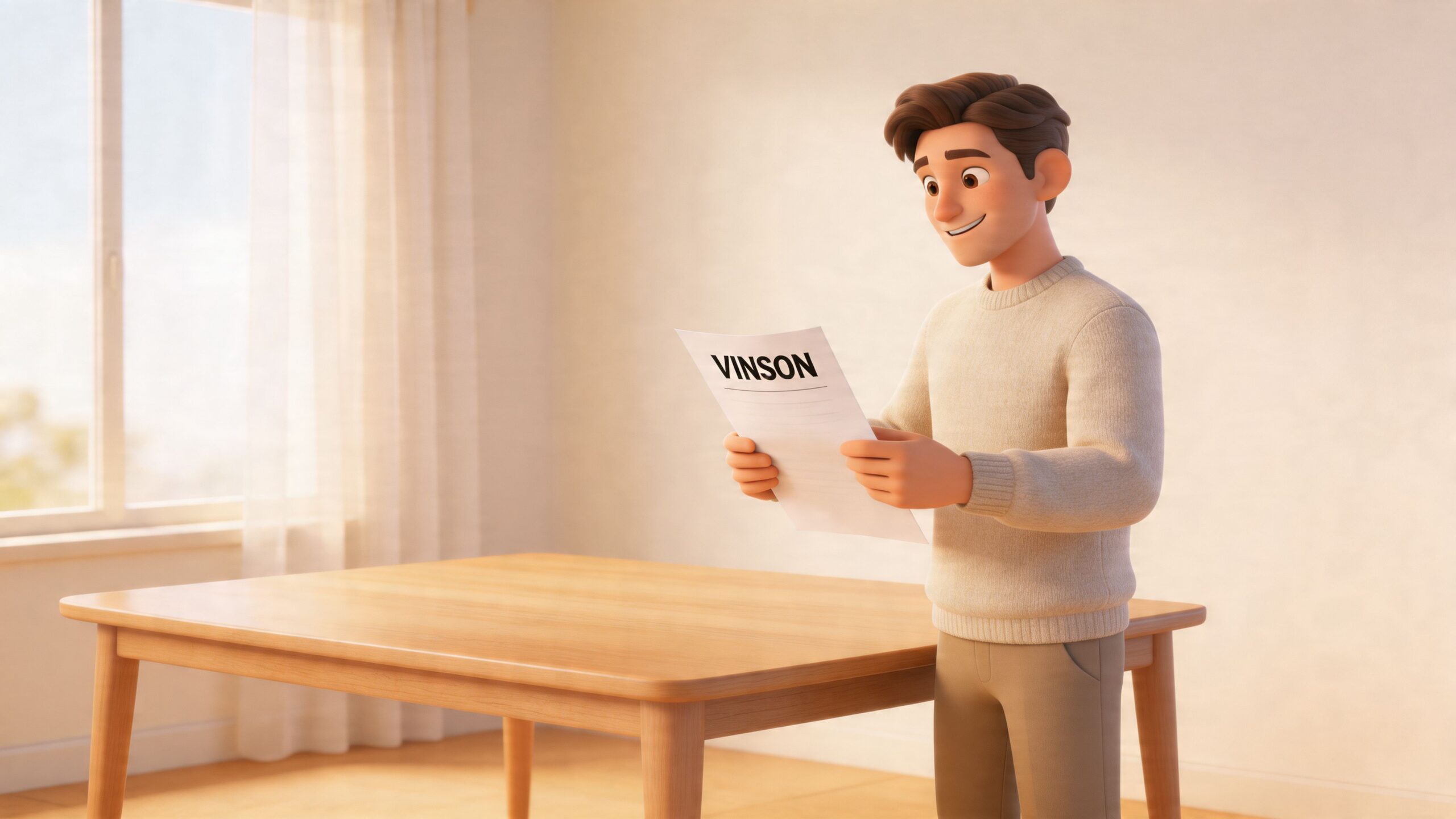 A 3D animated man stands holding a document titled Vinson while standing beside a wooden dining table.