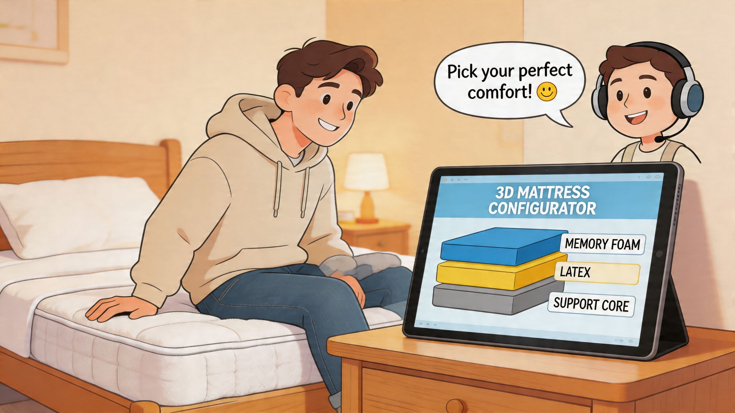 A person sitting on a bed looking at a 3D mattress configuration tablet app for comfort.