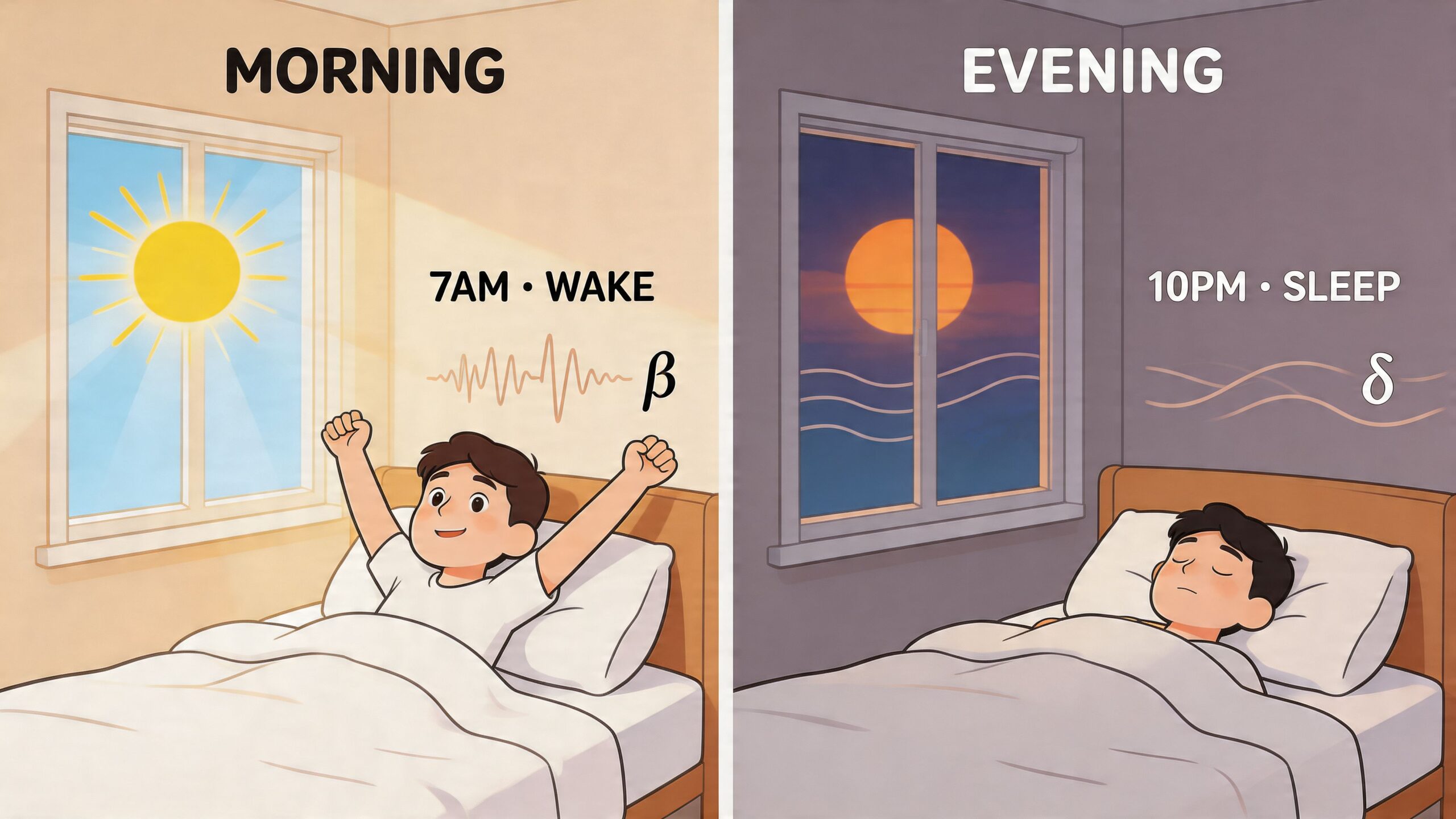 A split image illustration showing a person waking up at 7am and sleeping at 10pm.