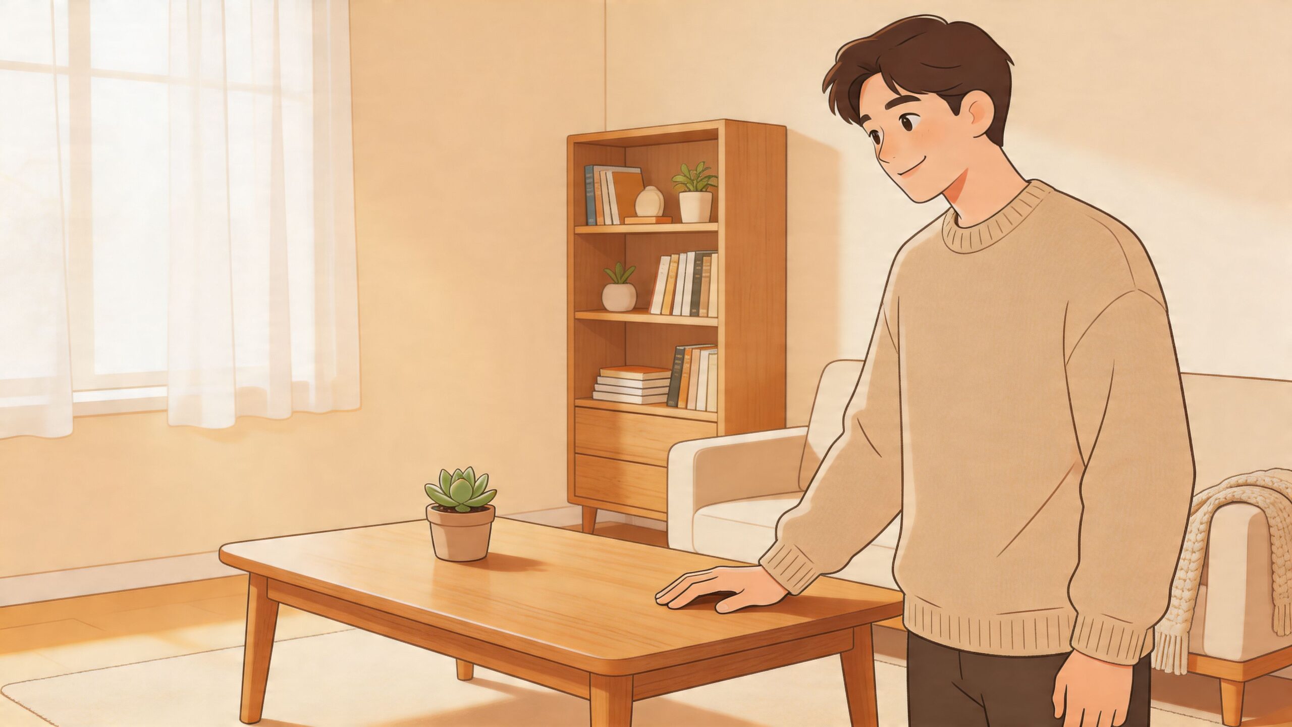A young man in a beige sweater gently touching a wooden coffee table in a sunlit room.