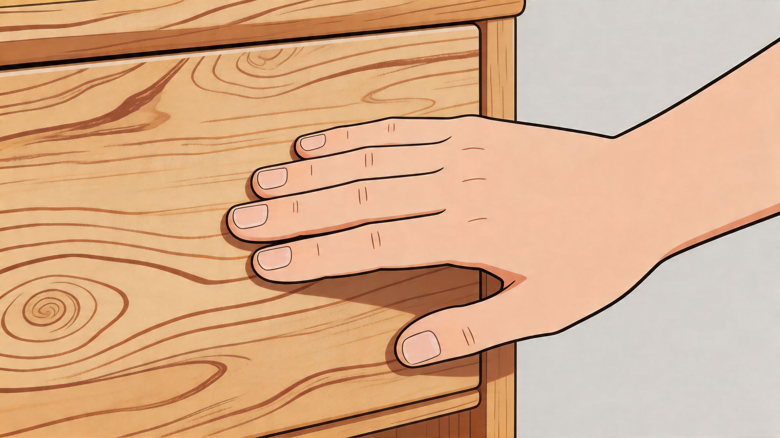 A hand touching a wooden furniture surface to check for real wood quality.