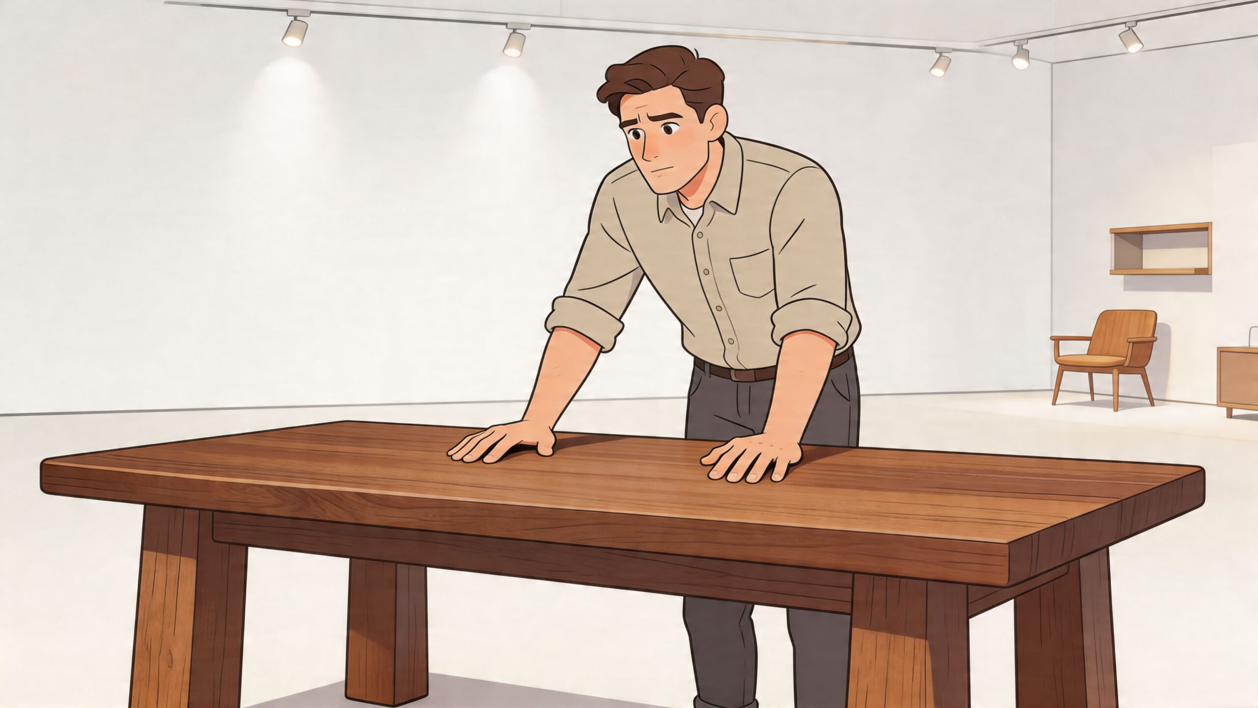 A man in a tan shirt examines a solid wood table in a modern, well-lit showroom.