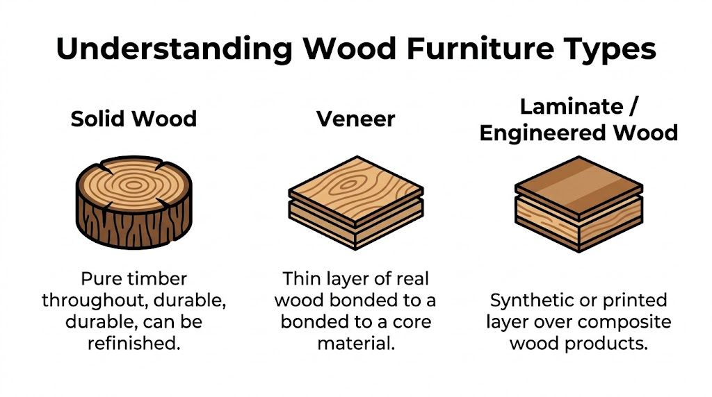 An infographic illustrating the differences between solid wood, veneer, and laminate or engineered wood furniture types.