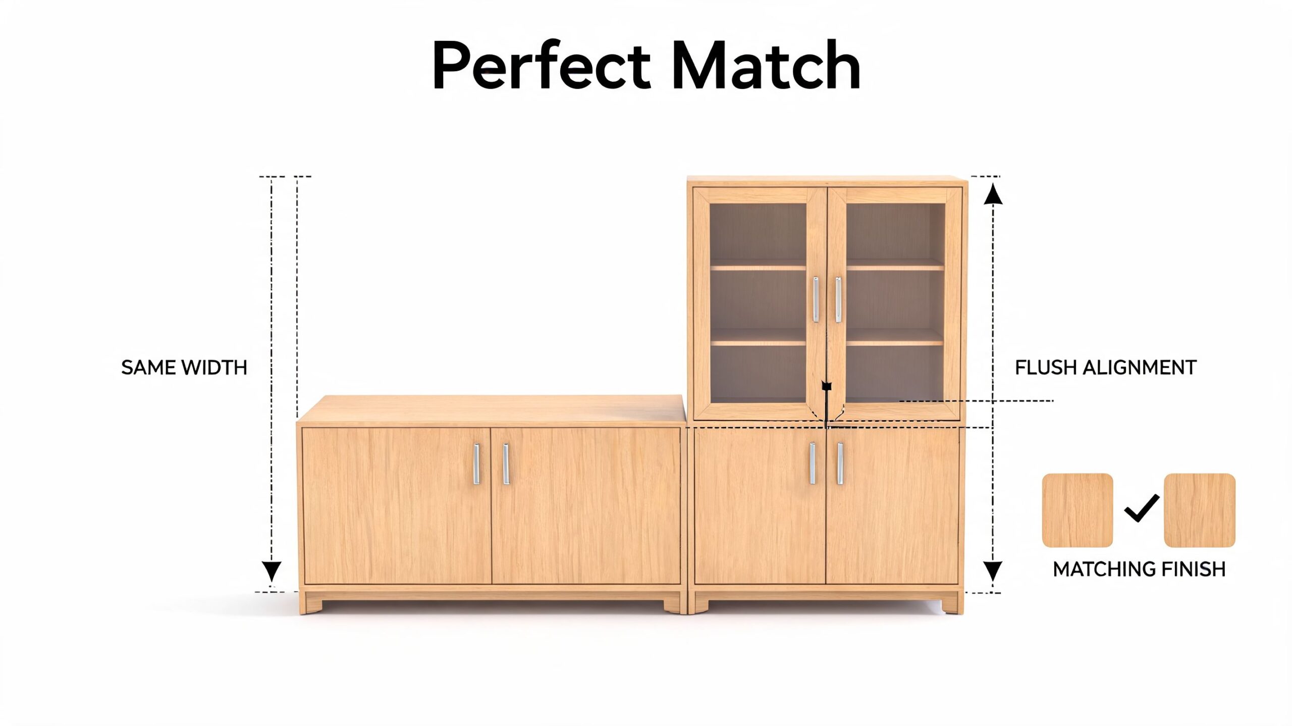 A wooden buffet cabinet with a matching hutch placed on top, demonstrating seamless alignment and finish.