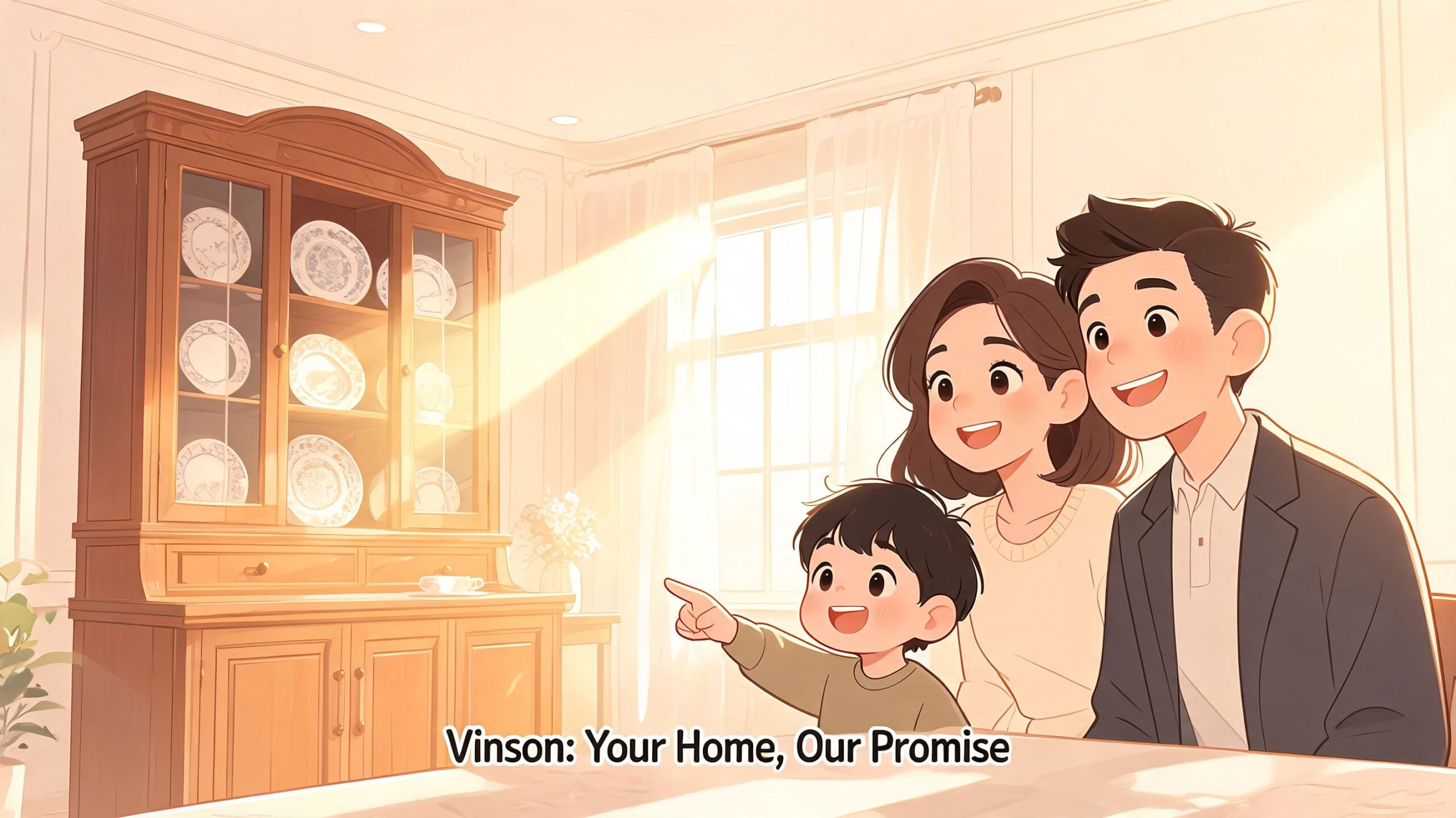 A happy young family smiling while the child points towards a wooden hutch for buffet in their home.