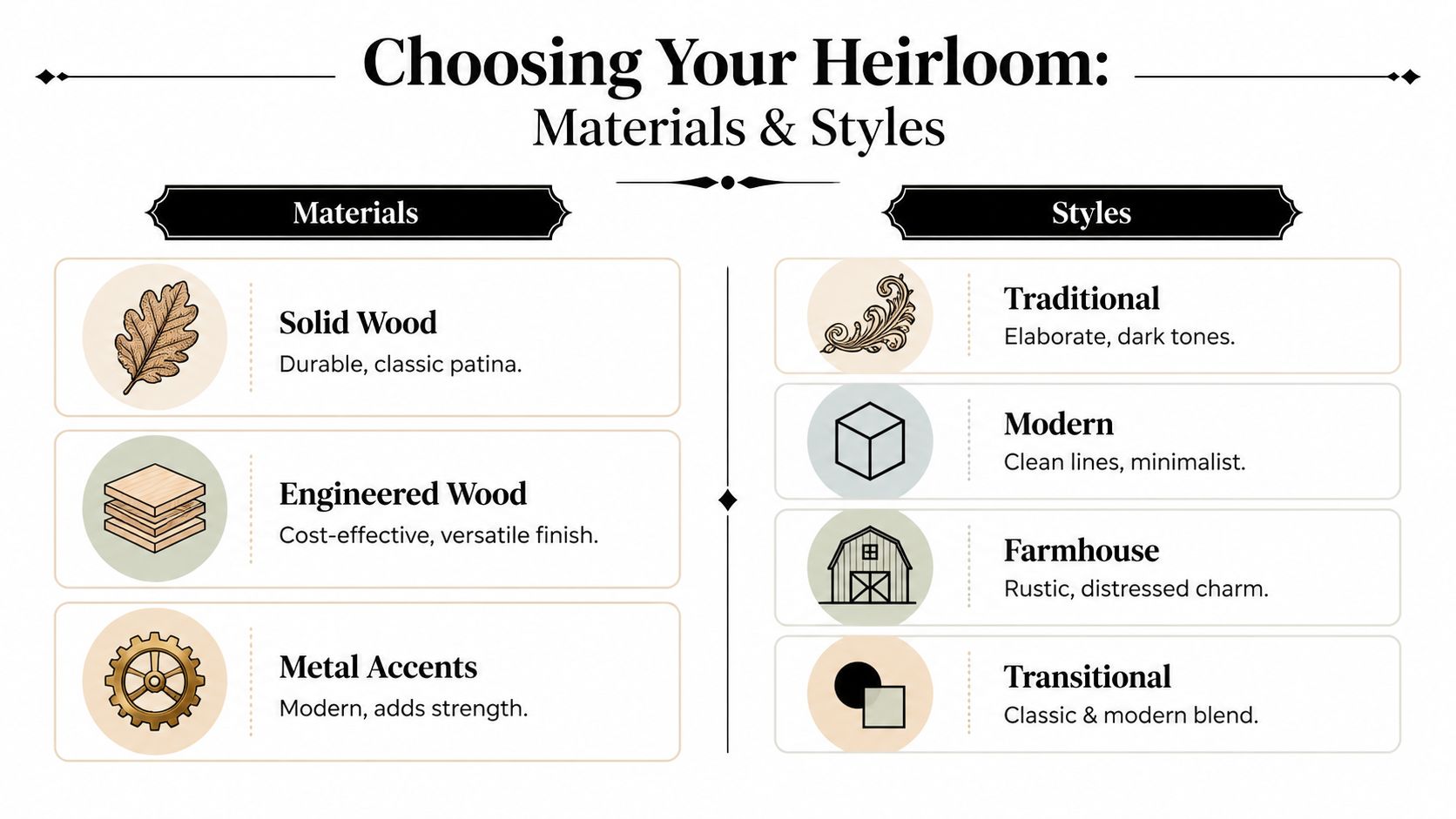 An infographic titled Choosing Your Heirloom, listing materials like solid wood, engineered wood, and various furniture styles.