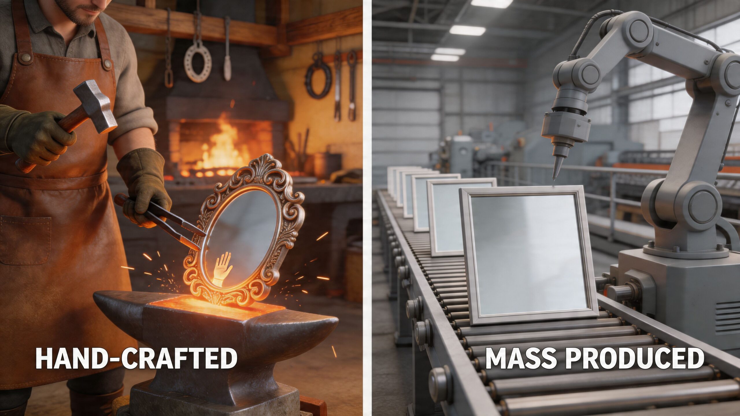 A split image contrasting a blacksmith hand-crafting an ornate mirror versus a robotic arm mass producing frames.