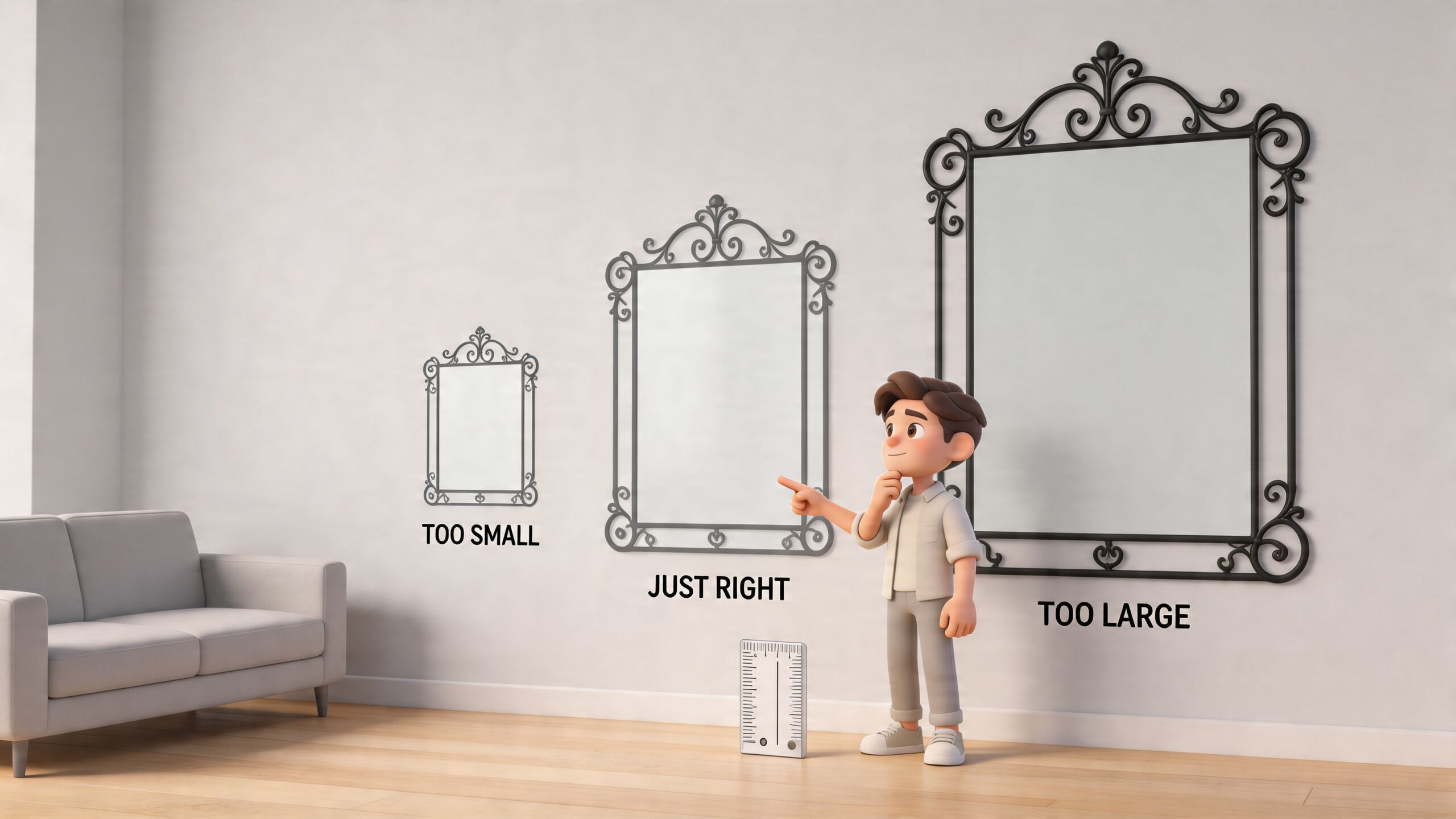 A 3D character comparing different sizes of decorative iron wrought mirrors hanging on a light wall.