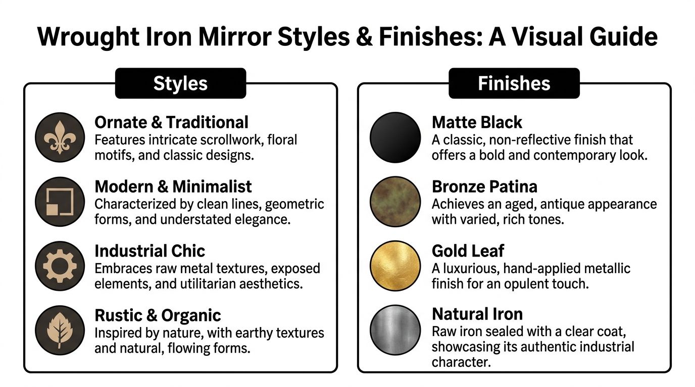 An infographic titled Wrought Iron Mirror Styles and Finishes showing various design categories and color options.